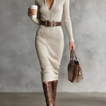 Robe Midi en Maille "Cornelia" – Beige avec Ceinture