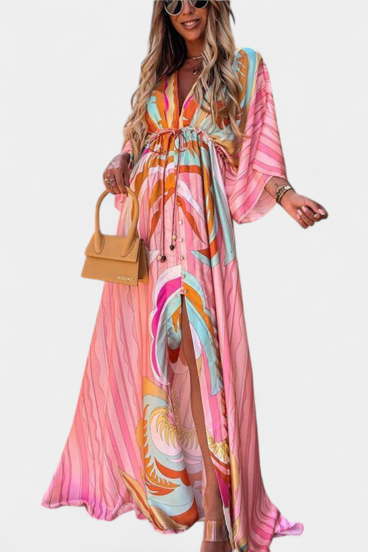 Maxikleed "Ida" – Regenboogprint met V-Hals
