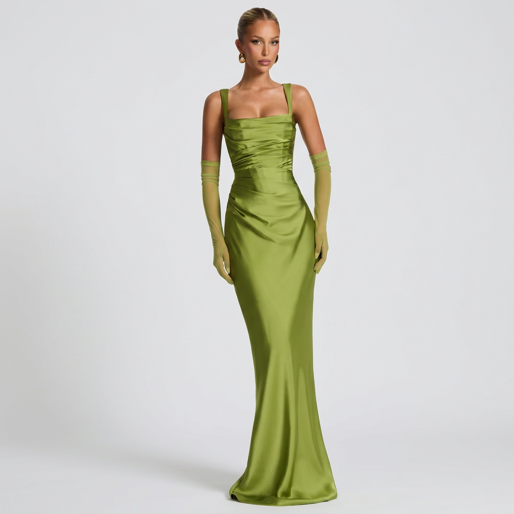 Robe longue en satin "Lisa" – Verte