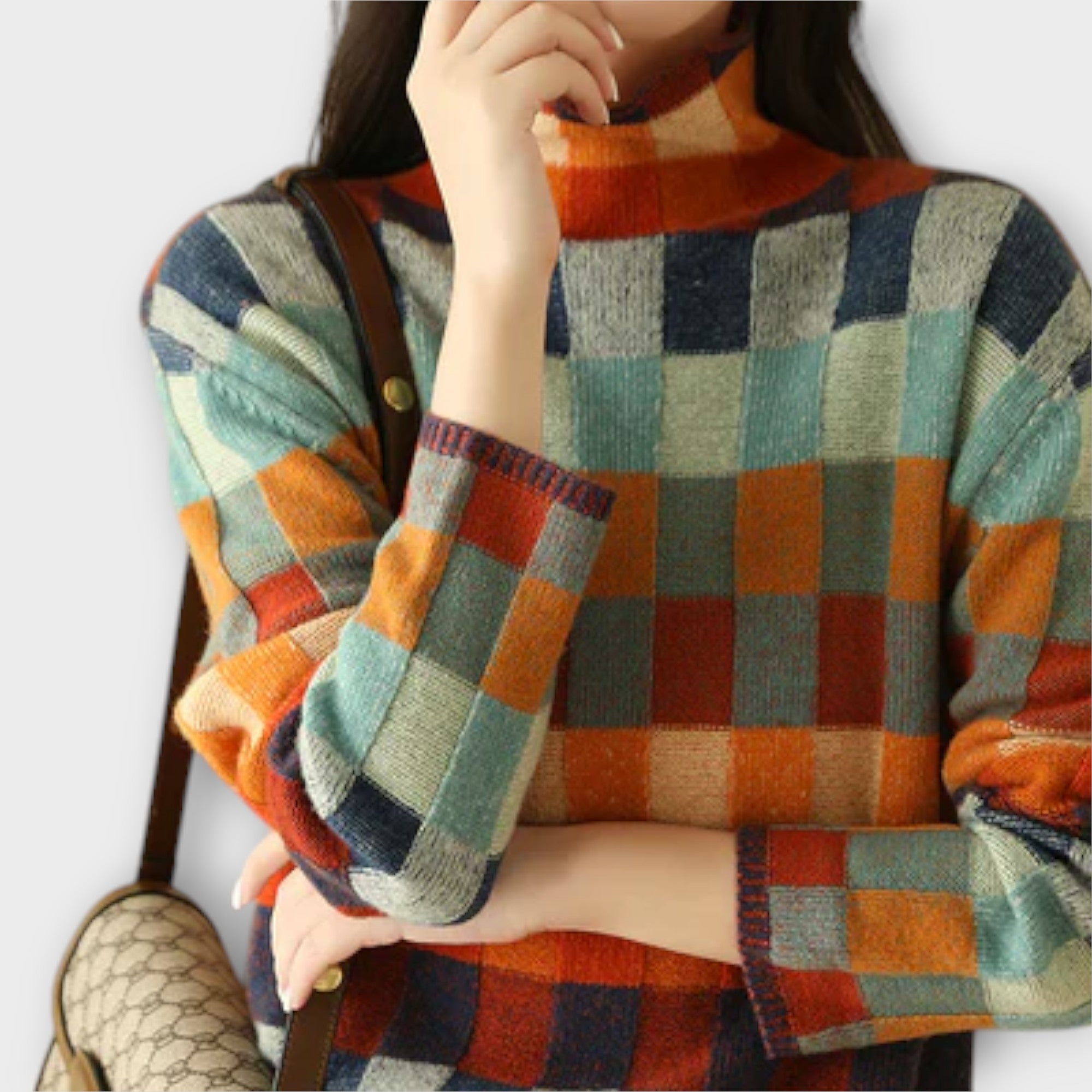 Trui "Erika" – Patchwork met Hoge Kraag