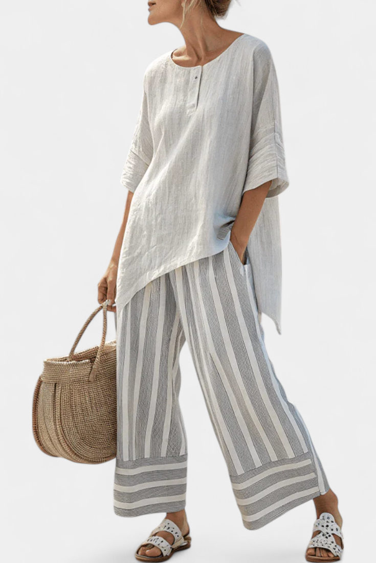 Set "Doris" – Asymmetrische Blouse & Streepbroek