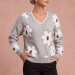 Trui "Astrid" – Bloemen met V-hals Grijs
