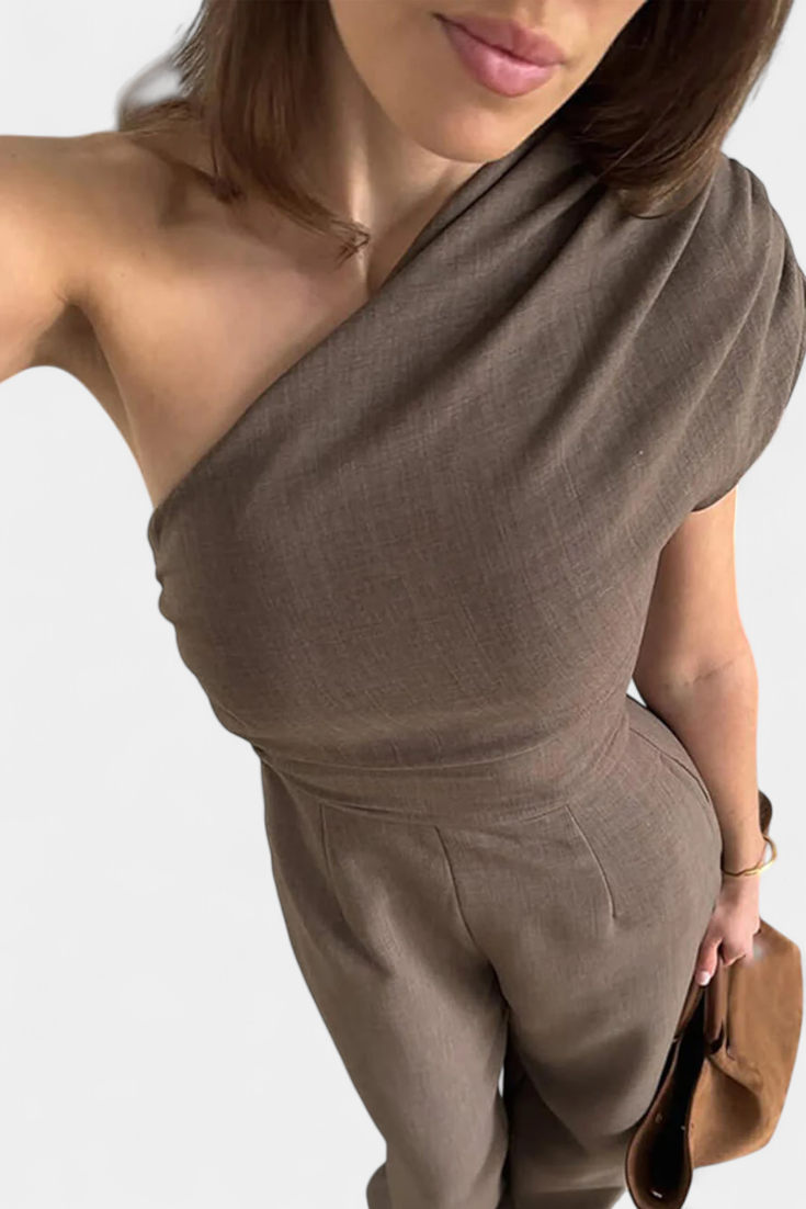 One-Shoulder Kleed "Magnolia" – Bruin met Drapering