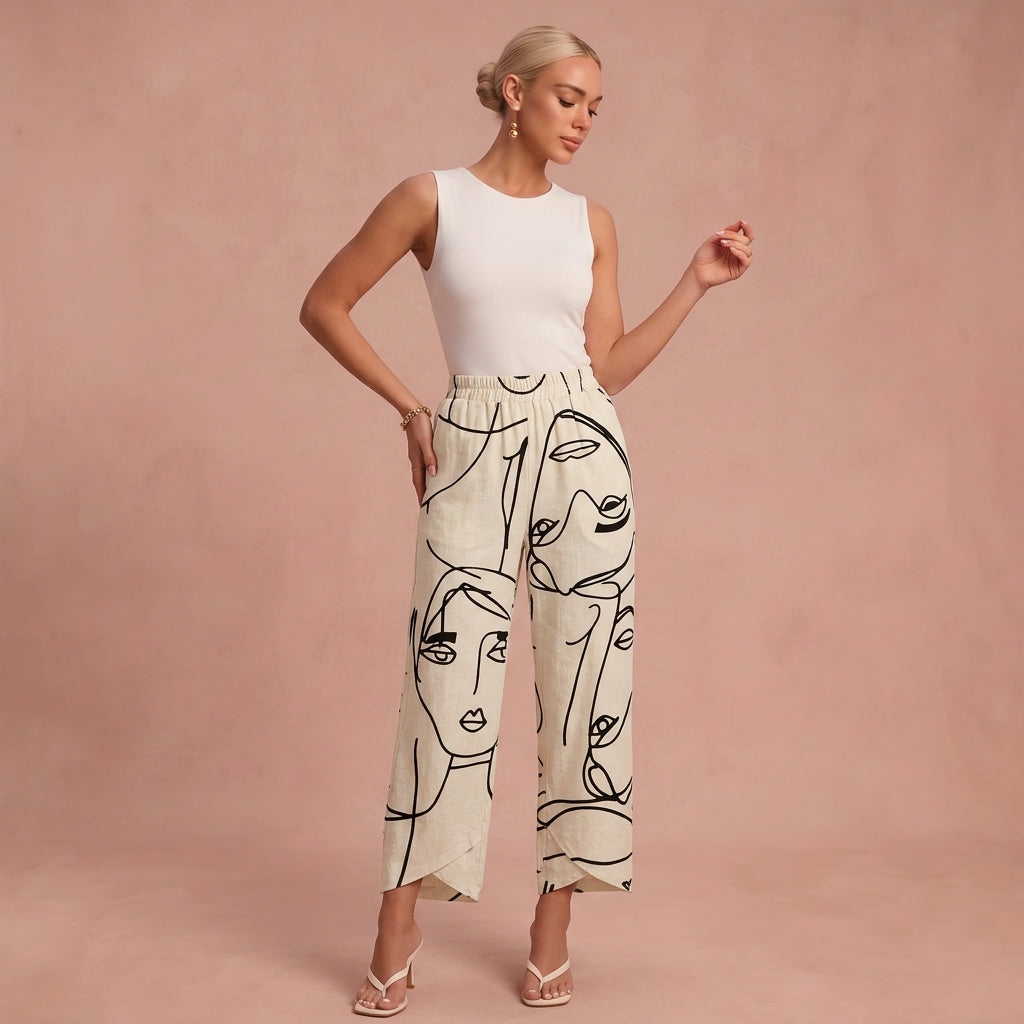 Pantalon en lin "Vera" – Imprimé visages