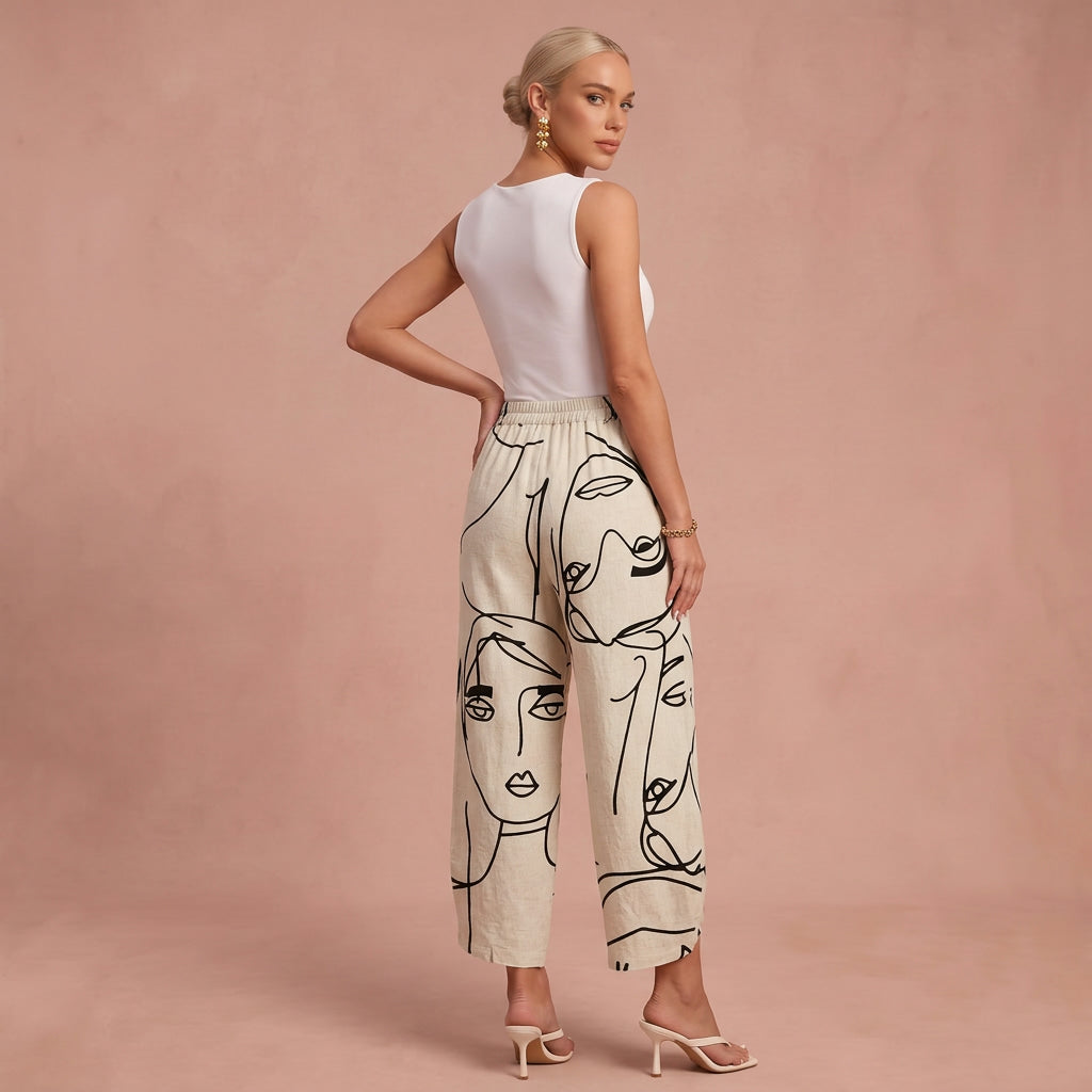 Pantalon en lin "Vera" – Imprimé visages