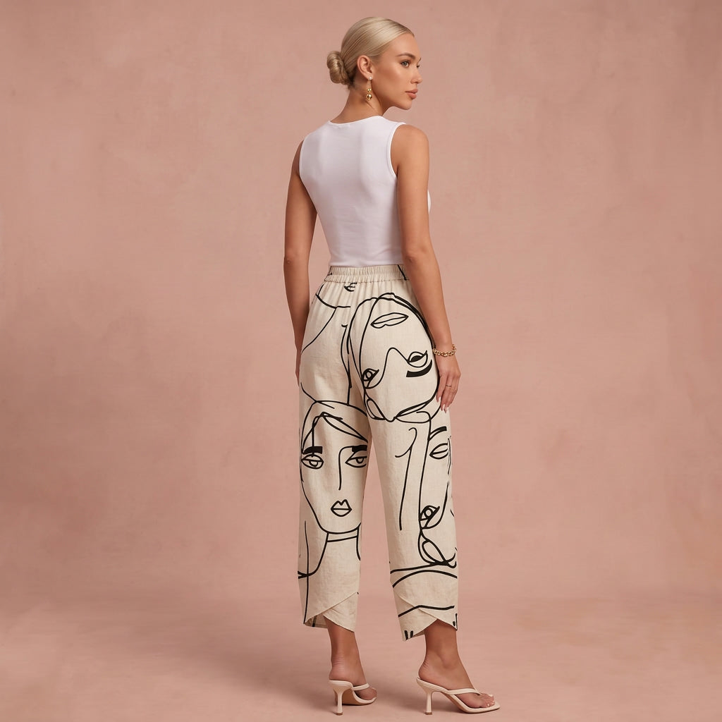 Pantalon en lin "Vera" – Imprimé visages