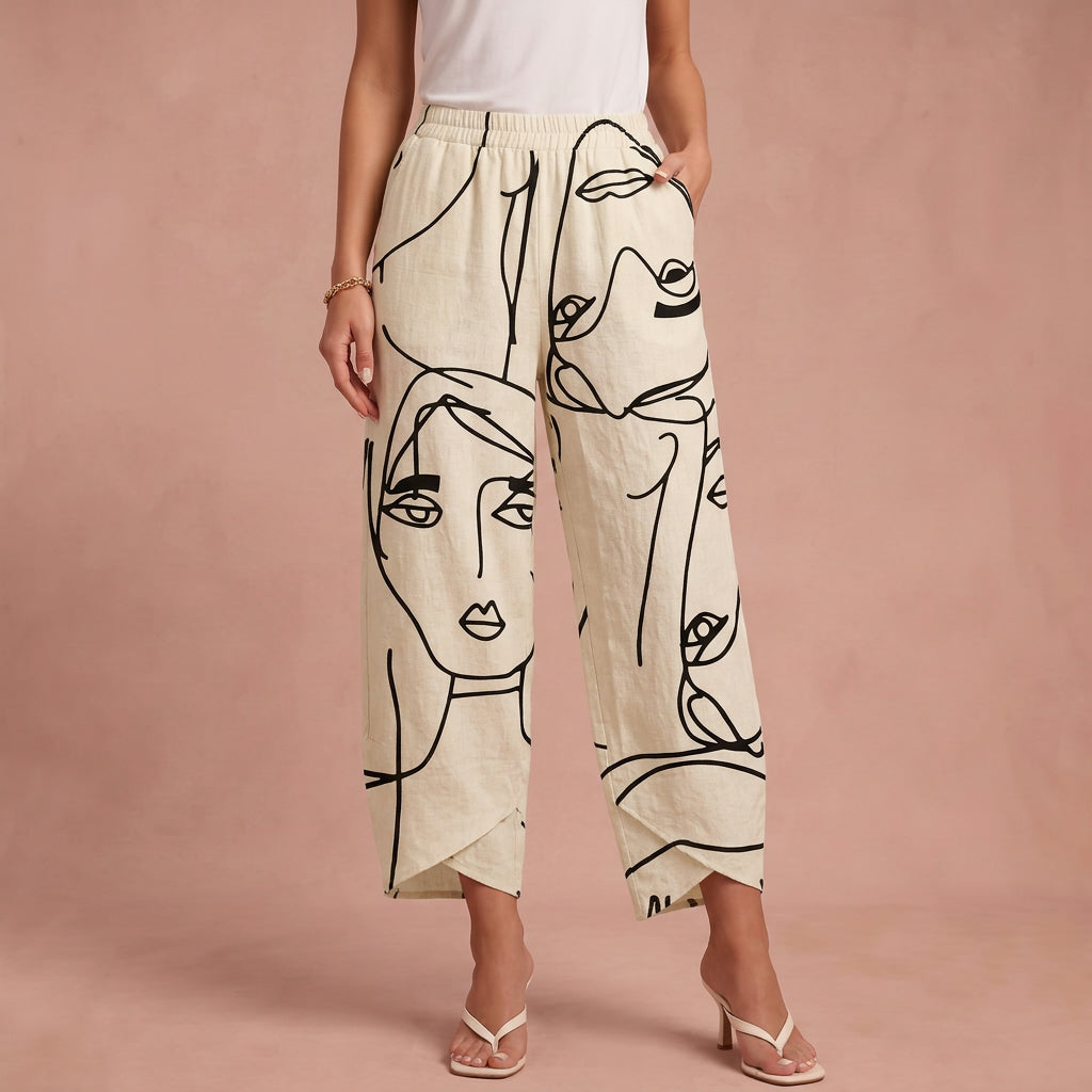 Pantalon en lin "Vera" – Imprimé visages
