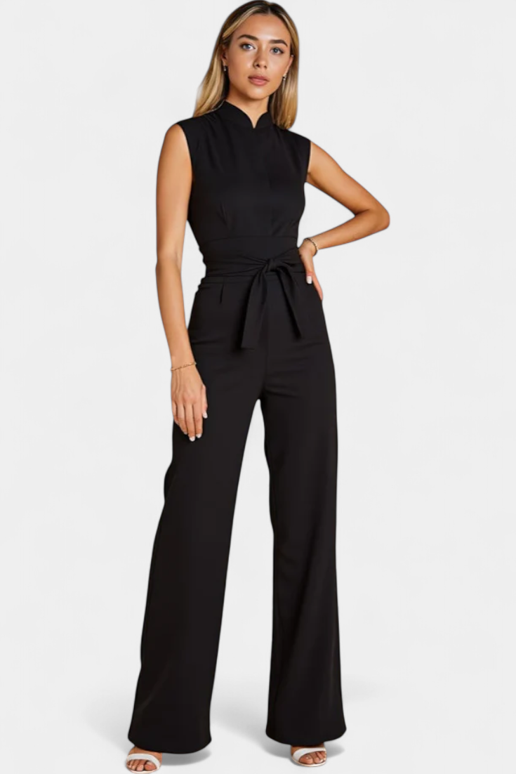 Mouwloze Jumpsuit – Uitlopende Pijpen & Hoge Kraag