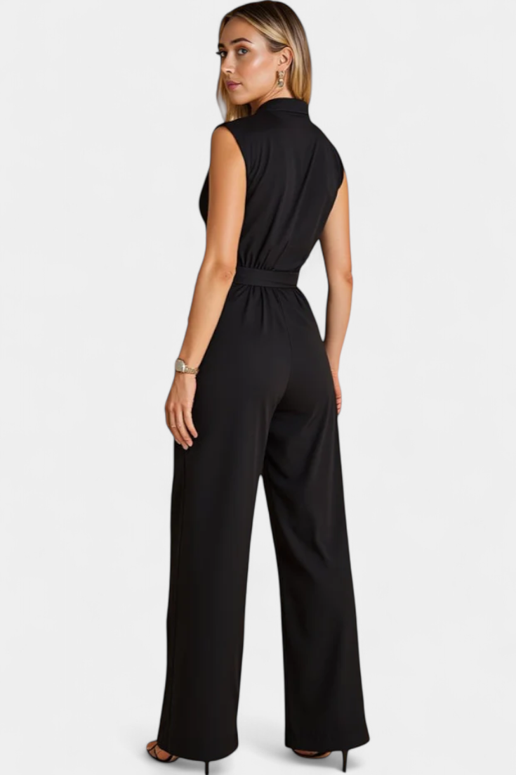 Mouwloze Jumpsuit – Uitlopende Pijpen & Hoge Kraag