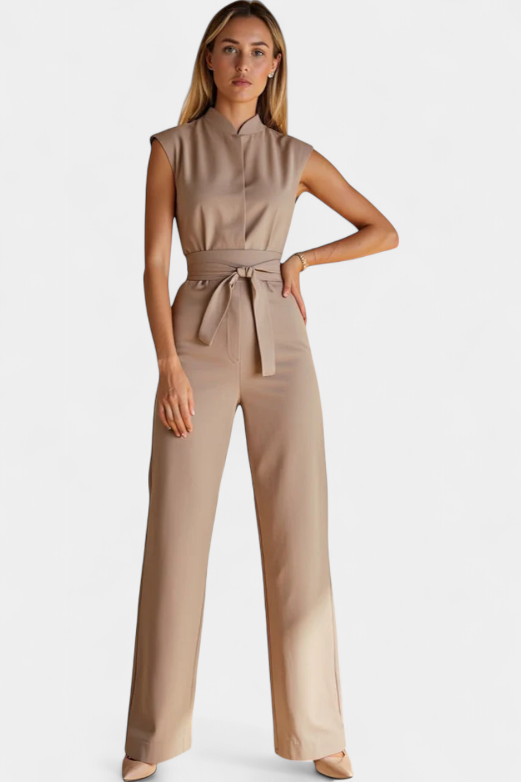 Mouwloze Jumpsuit – Uitlopende Pijpen & Hoge Kraag