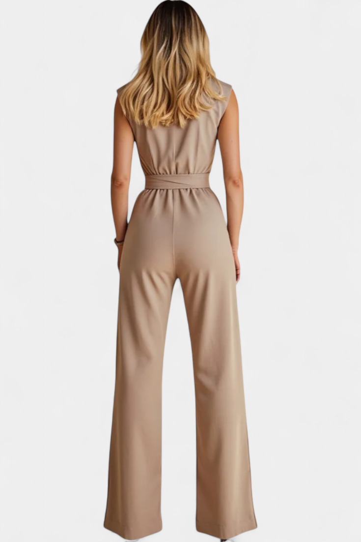 Mouwloze Jumpsuit – Uitlopende Pijpen & Hoge Kraag