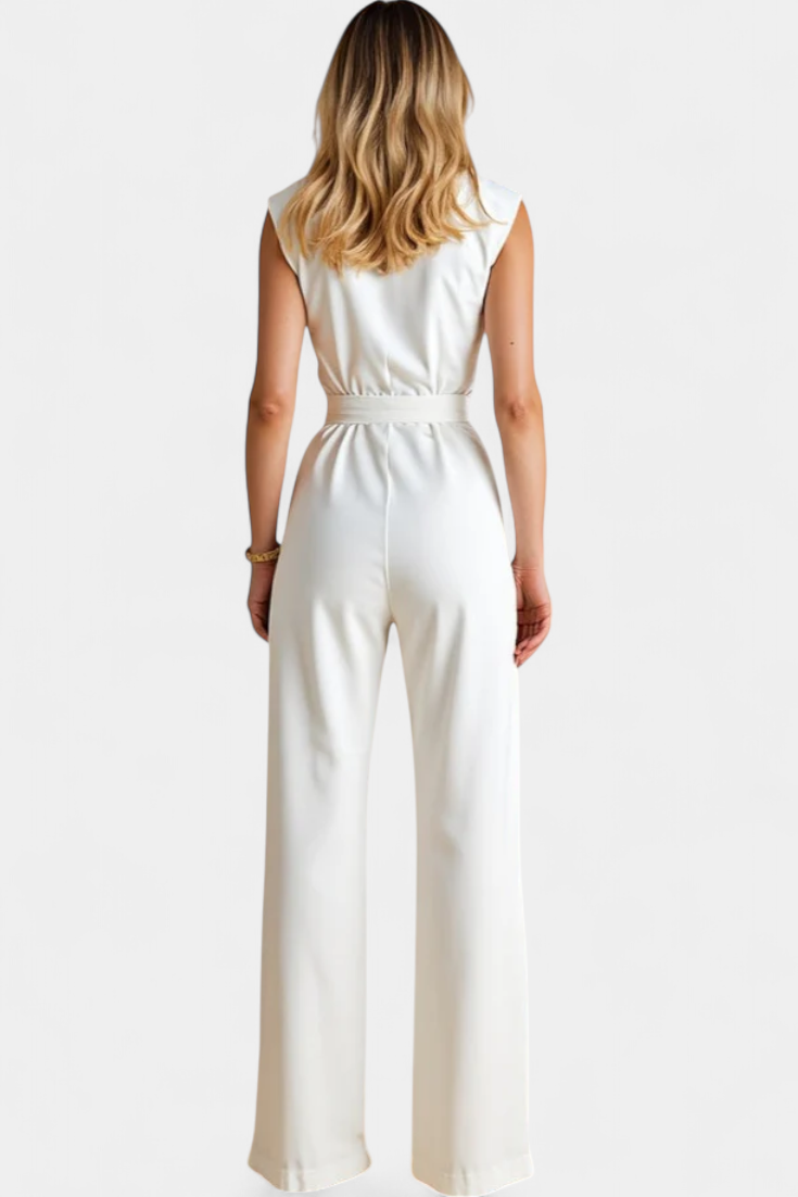 Mouwloze Jumpsuit – Uitlopende Pijpen & Hoge Kraag
