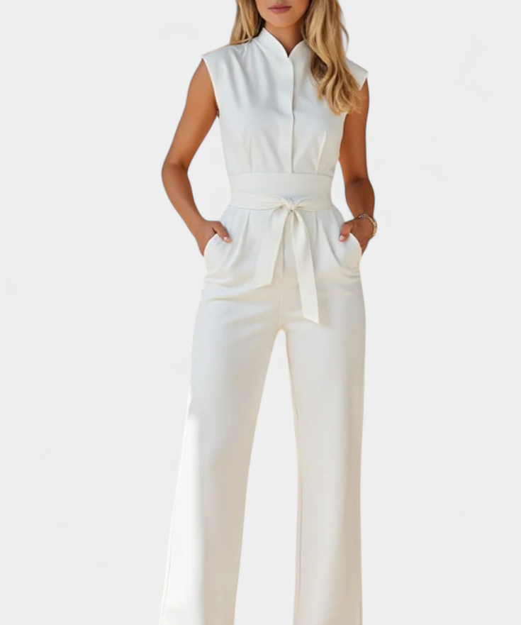 Mouwloze Jumpsuit – Uitlopende Pijpen & Hoge Kraag