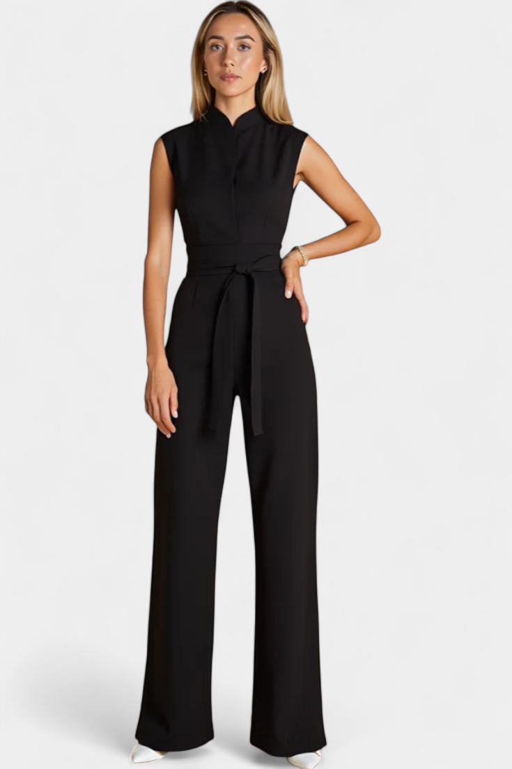Mouwloze Jumpsuit – Uitlopende Pijpen & Hoge Kraag