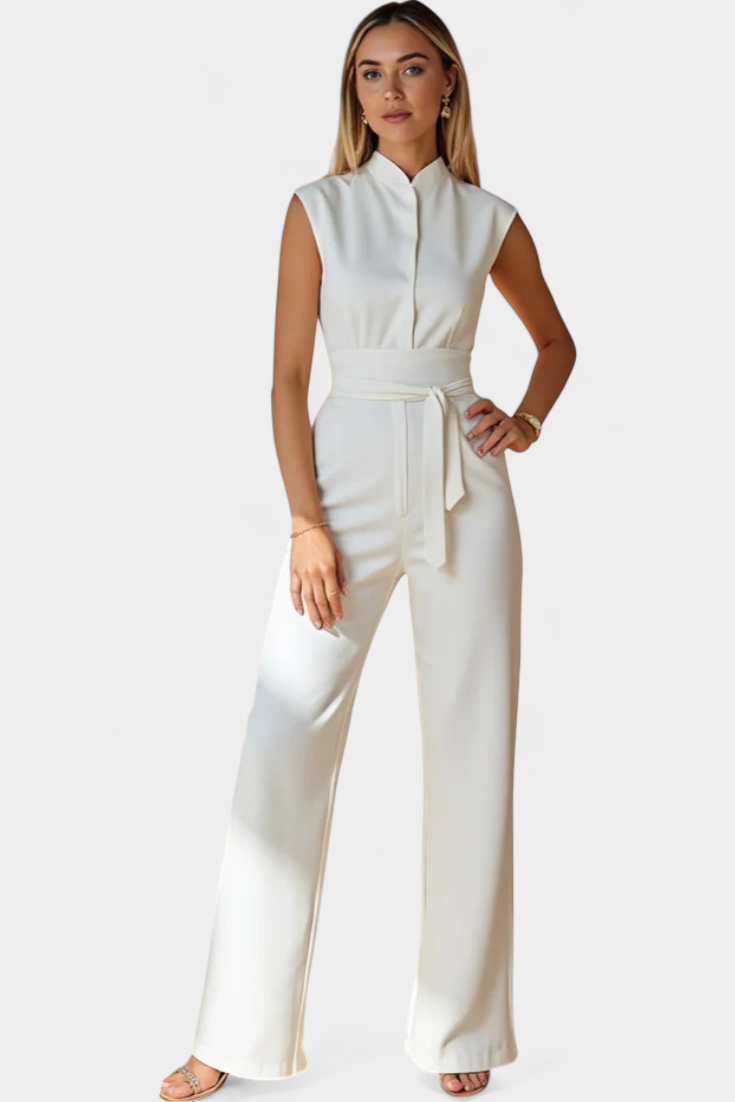 Mouwloze Jumpsuit – Uitlopende Pijpen & Hoge Kraag