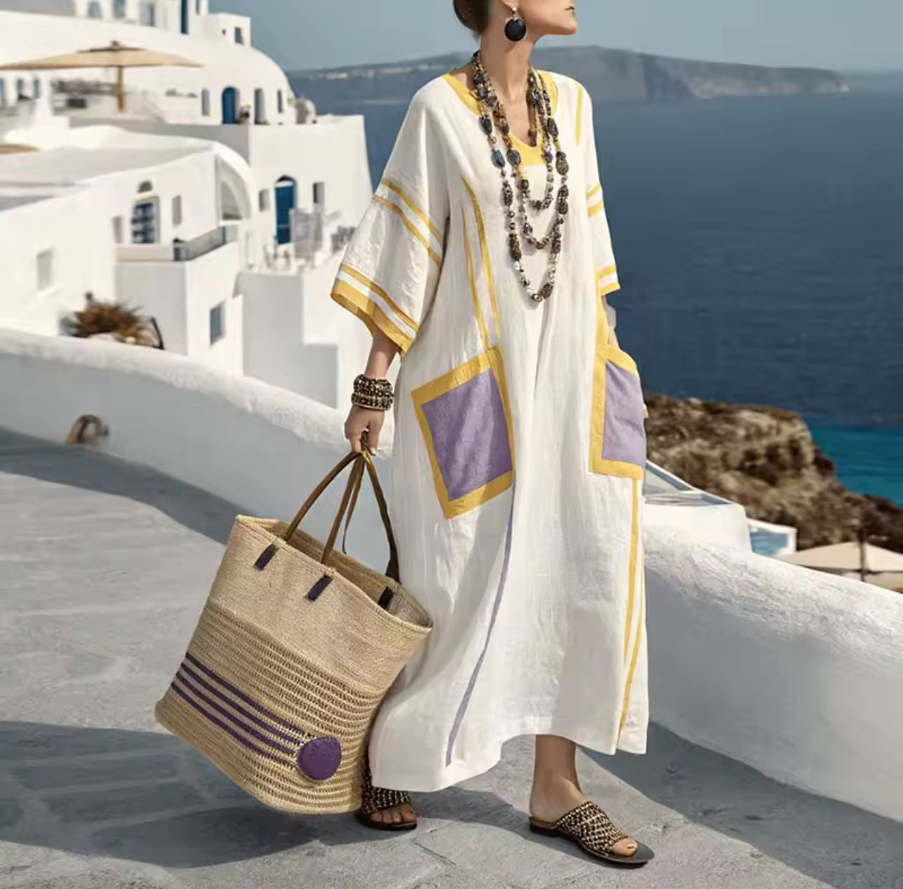 Robe Caftan "Marie" – Poches lavande & Détails ensoleillés